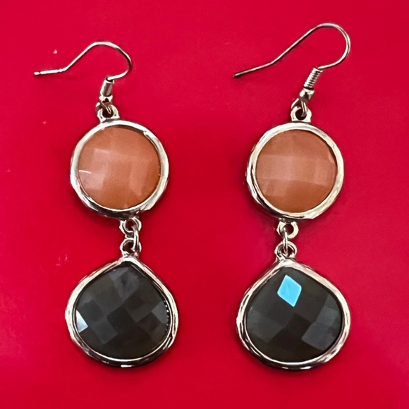 Loft Drop Earrings. Pink and green stone in a gold tine setting. - Picture 1 of 4